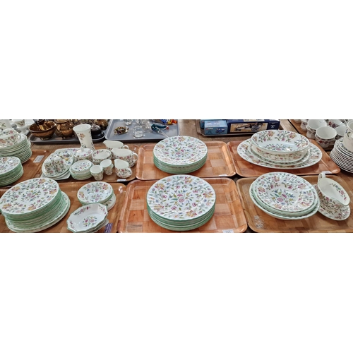 333 - Eight trays of Minton bone china 'Haddon Hall' B1451 tea and dinner ware items to include: cups, sau... 