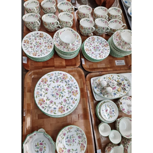 333 - Eight trays of Minton bone china 'Haddon Hall' B1451 tea and dinner ware items to include: cups, sau... 