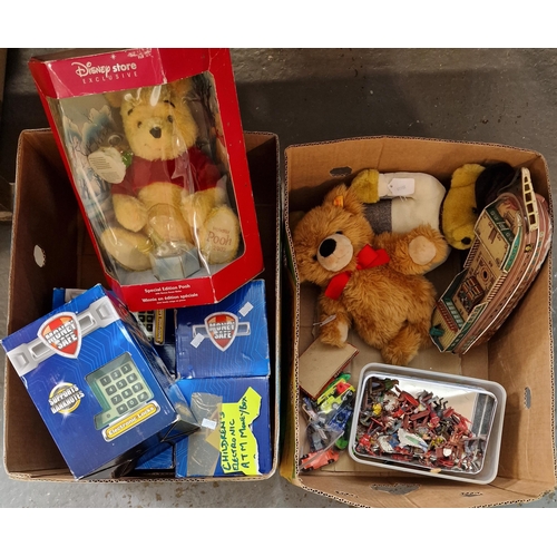 350 - Two boxes of toys to include: Money Safes, Disney Exclusive Special Edition Winnie the Pooh, tinplat... 