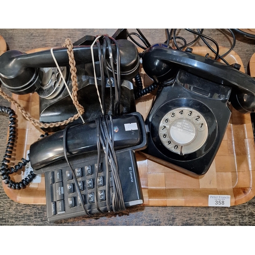 358 - Three black telephones as issued to the police to include: black Bakelite, black plastic dialup and ... 