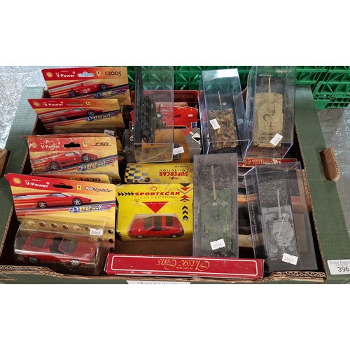 396 - Collection of die-cast model vehicles and similar items to include: Shell V-Power cars, military tan... 