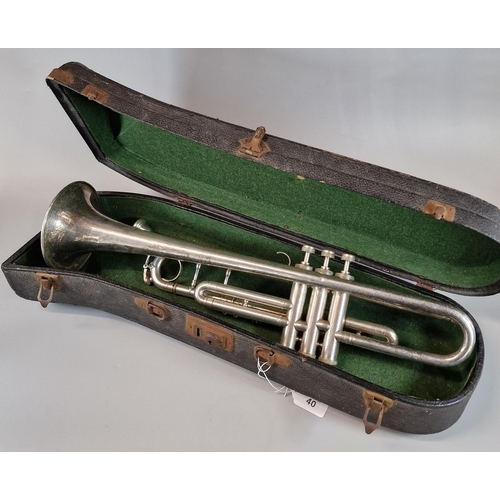 40 - Vintage silver plated trumpet appearing in original case. Marked on the mouthpiece 'Boosey & Hawkes'... 