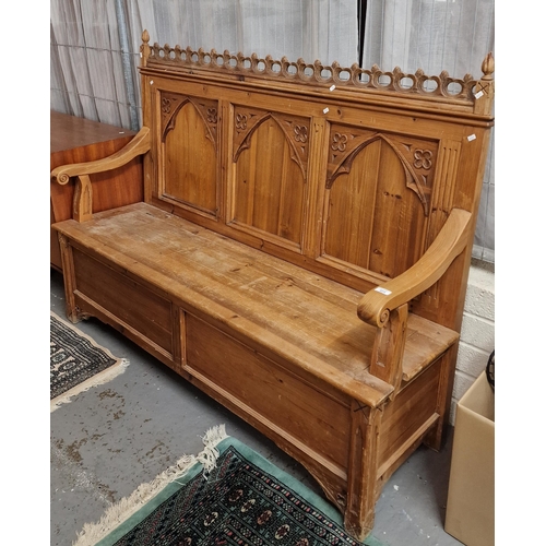 404 - Victorian Gothic style pine settle. Modern. 169cm long approx. (B.P. 21% + VAT)