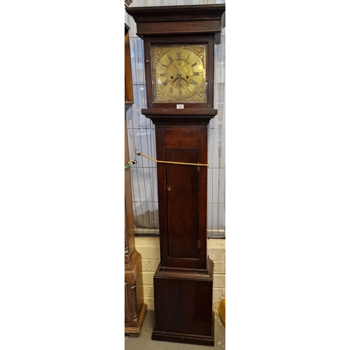 407 - 18th century oak brass faced longcase clock having Roman chaptering with date aperture, marked Willi... 