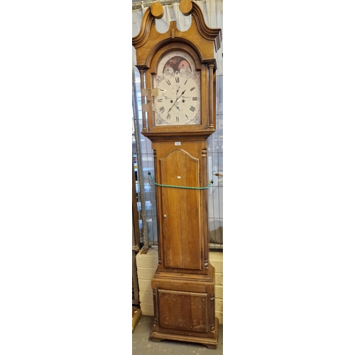 408 - 19th century style pale oak painted dial longcase clock with quartz movement. (B.P. 21% + VAT)