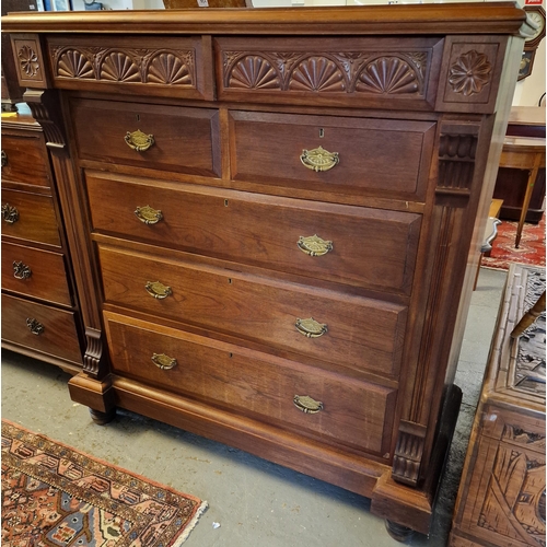 413 - Edwardian mahogany straight front chest of two short and three long drawers, flanked by fluted pilas... 