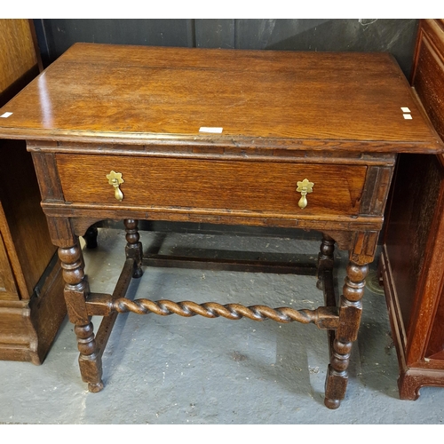 430 - 17th century style oak side table with moulded edge top above frieze drawer on baluster turned legs ... 