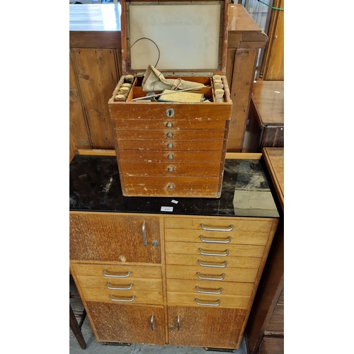 433 - Mid-century oak dentist's cabinet with a small collection of accessories, together with a small vint... 