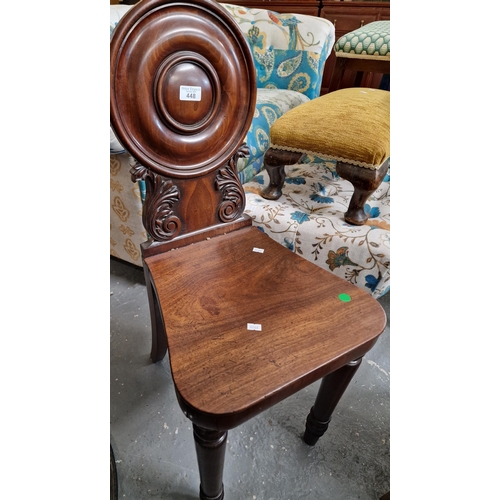 448 - Victorian mahogany hall chair with circular moulded back on baluster turned legs (B.P. 21% + VAT)