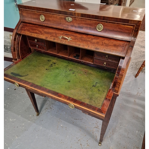 452 - Late Victorian/Edwardian Sheraton revival cylinder fronted bureau having upper drawer above a cylind... 