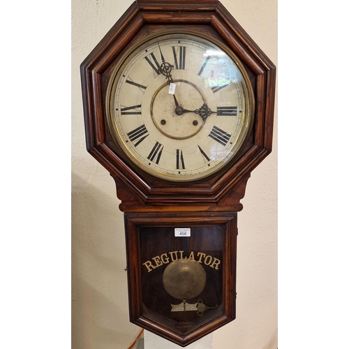 458 - Early 20th century oak cased octagonal two train regulator wall clock by Waterbury Clock Company. Wi... 