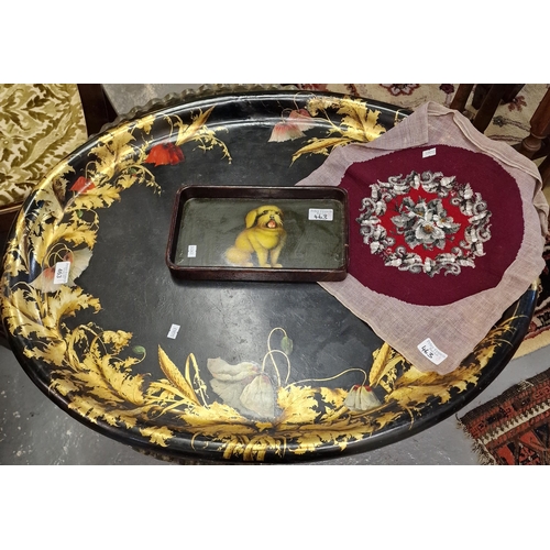 463 - Victorian papier-mâché lacquered oval tray with gilded and painted floral decoration. 79cm x 64cm ap... 