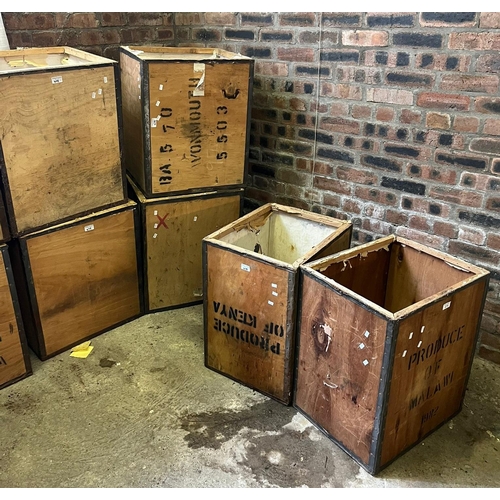 479 - Six vintage wooden tea chests or tea boxes marked Produce of Kenya, Produce of Malawi 1982 etc. (6) ... 