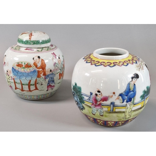 48 - Two 20th century Chinese export porcelain ginger jars, one with cover, one full of decorative glass ... 