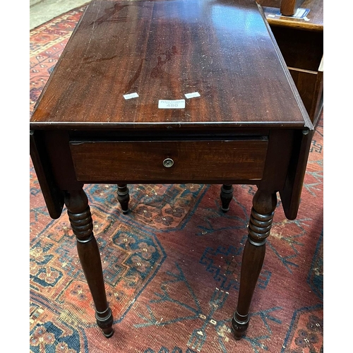 480 - 19th century mahogany drop leaf occasional table on ring turned tapering legs with single frieze dra... 