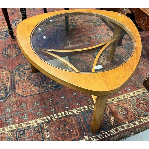 481 - Mid century teak G-Plan style glass top triangular shaped coffee table (B.P. 21% + VAT)