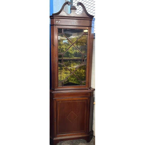 483 - Edwardian mahogany inlaid astragal glazed corner cabinet  (B.P. 21% + VAT)