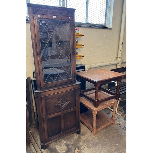 488 - Two similar oak square form lamp tables, one with under tier, together with an Old Charm style lead ... 