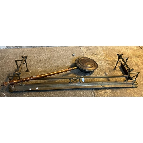 495 - 19th century copper warming pan with turned wooden handle together with an Art Nouveau design fire f... 