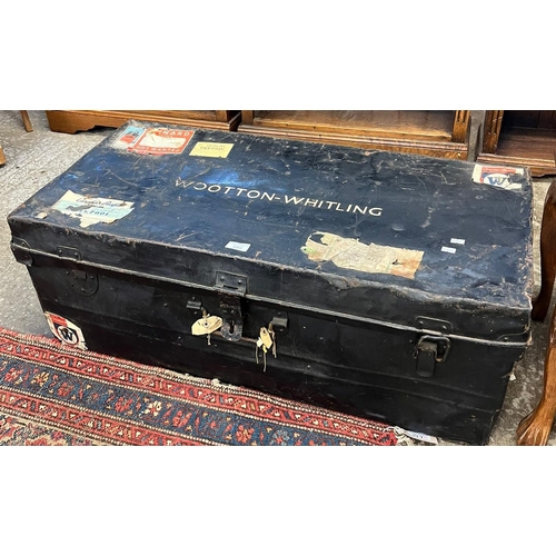 505 - Vintage steamboat metal trunk with original labels, Cunard Line, Canadian Pacific etc. The top marke... 