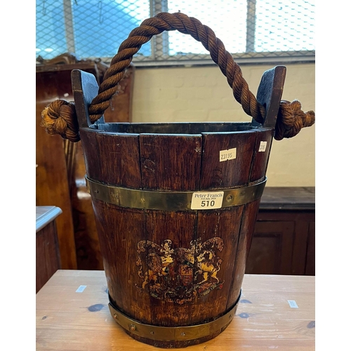 510 - Late 19th / early 20th century oak coopered and brass banded fire bucket with rope twist handle and ... 