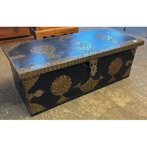 513 - 19th century stained pine trunk, of Asian design with copper and brass studwork and carrying handles... 