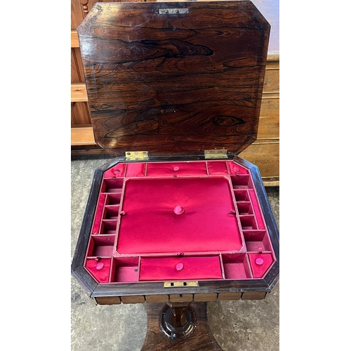 515 - Victorian rosewood octagonal ladies' workbox, the interior revealing silk interior and compartments ... 