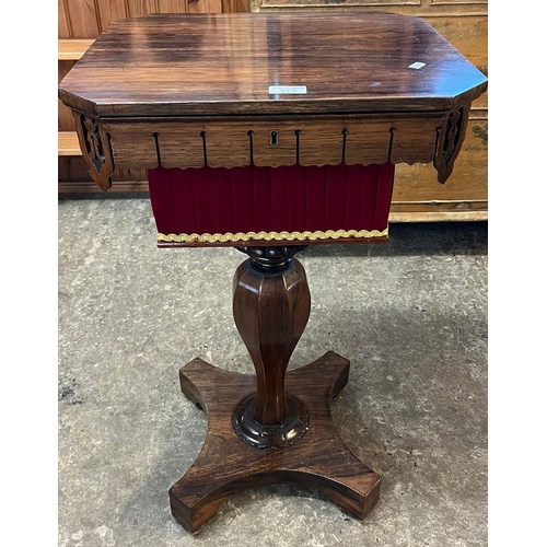 515 - Victorian rosewood octagonal ladies' workbox, the interior revealing silk interior and compartments ... 