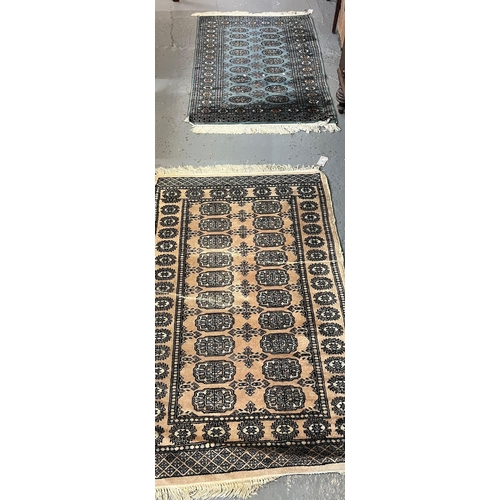 522 - Two similar vintage Afghan runners on blue and beige grounds with repeating geometric designs (2) (B... 