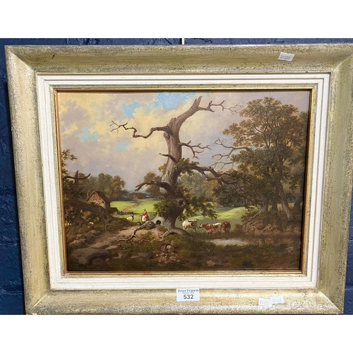 532 - British School (18th/19th century), ancient oak tree with milkmaid, cattle and sheep. Oils on panel.... 