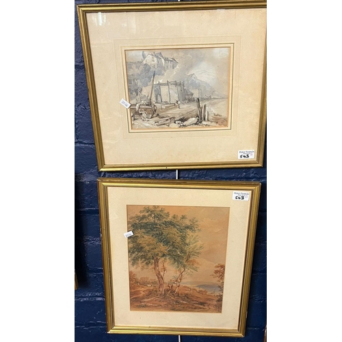 543 - A group of three British School watercolours in different hands to include: coastal study, birches i... 