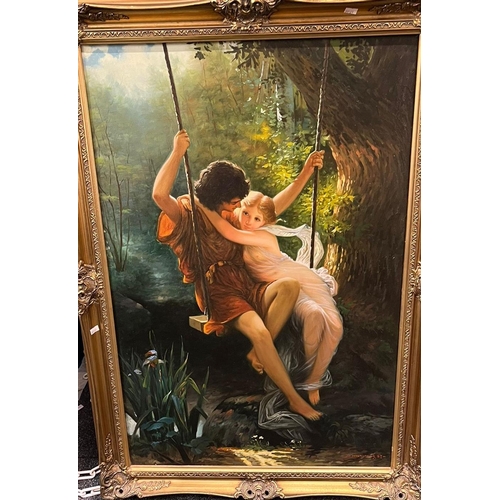 550 - C T Young (British mid 20th century), romantic study of a young couple on swing, signed.  Oils on ca... 