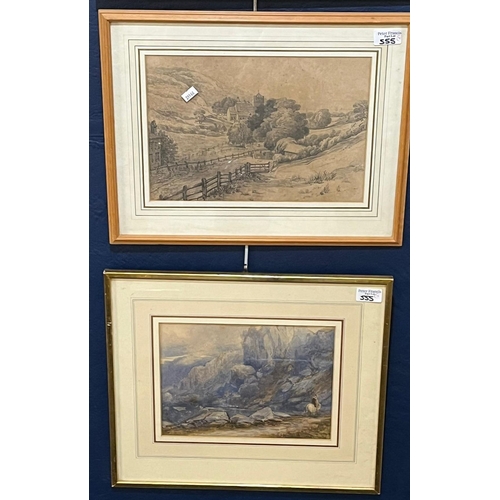 555 - A group of four 19th century British School watercolours and sketches to include coastal castle, cli... 