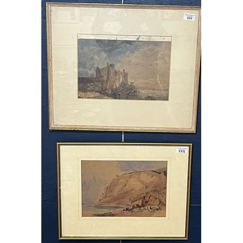 555 - A group of four 19th century British School watercolours and sketches to include coastal castle, cli... 