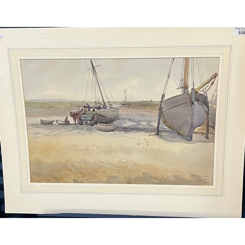 558 - British School (19th century), study of beached fishing smacks with figures and carts, signed with m... 