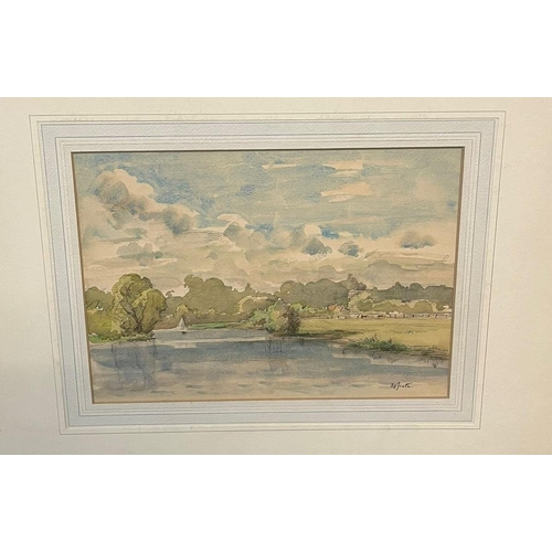 561 - British School, two unframed watercolours, a windmill in a landscape and a lake scene. Mounted but u... 