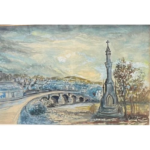 562 - M Brown, river bridge with memorial and distant village, signed, watercolours. 52x72cm approx. Frame... 