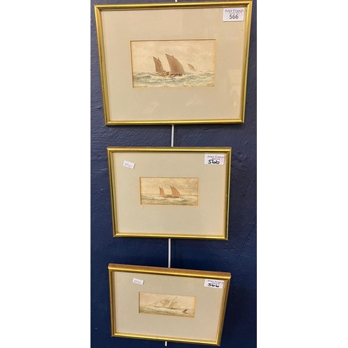 566 - British School (19th century) three studies of fishing smacks and a schooner, watercolours. 6x12cm a... 