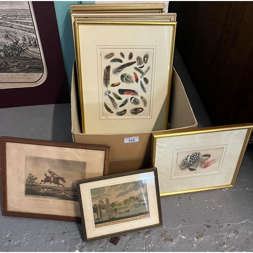 568 - Box of assorted small furnishing prints including botanical, hunting, topographical and other subjec... 