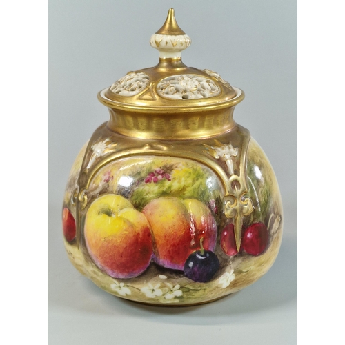 6 - Royal Worcester porcelain potpourri vase and reticulated cover, hand painted with fruits and flowers... 