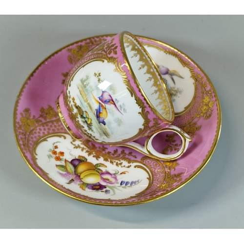 7 - Sevres French porcelain cabinet cup and saucer on a pink and gilded ground with reserved panels of e... 