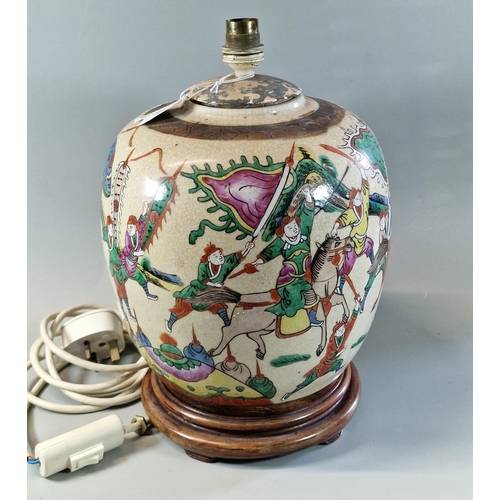 78 - Large Chinese export porcelain Warrior jar, missing its lid, now converted as an electric table lamp... 