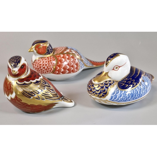 8 - Three Royal Crown Derby bone china paperweights in the form of birds to include: Mallard Duck, Pheas... 