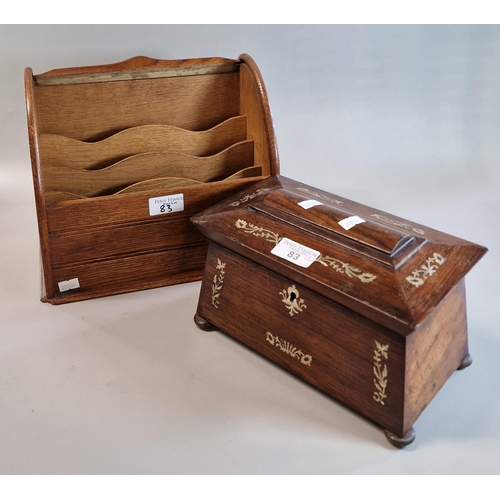 83 - Early 19th century rosewood and mother of pearl inlaid sarcophagus two section tea caddy on bun feet... 