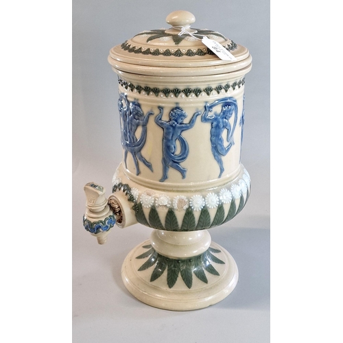 84 - Doulton Lambeth glazed stoneware water filter and cover, the body moulded with a frieze of classical... 