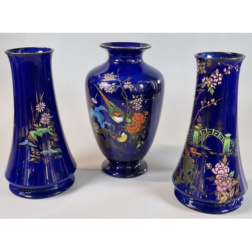 9 - Shelley cobalt blue ground and enamel vase garniture set in Oriental scenes with lake and bridge and... 