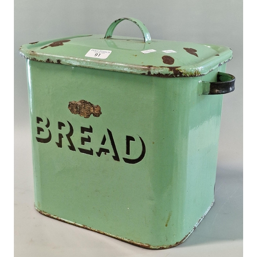 91 - Vintage green ground enamel bread bin with cover.  (B.P. 21% + VAT)