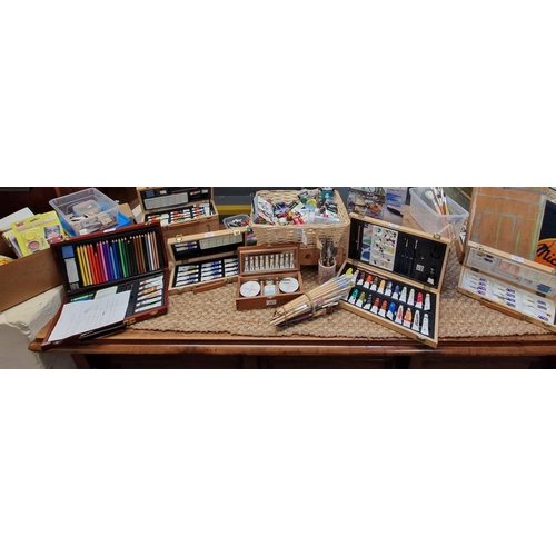 93 - Large collection of Artist's accessories to include: Reeves and other paints, crayons, coloured penc... 