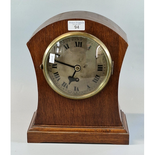 94 - Early 20th century mahogany dome topped single train mantle clock. Fusee movement. (B.P. 21% + VAT)