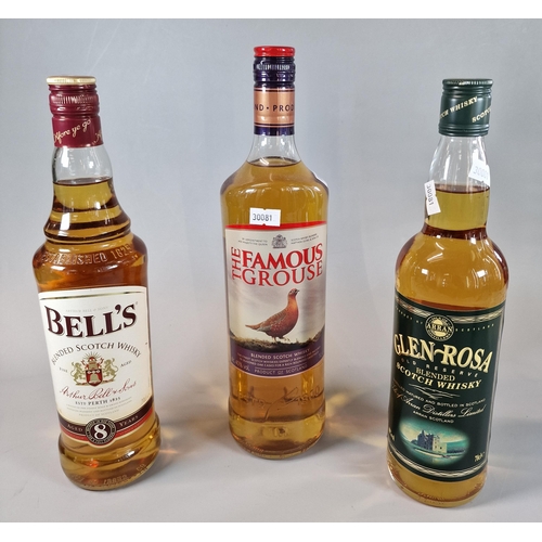 96 - Three bottles of Whisky to include: Glen Rosa 70cl, the Famous Grouse 1 litre and Belle's Blended Sc... 